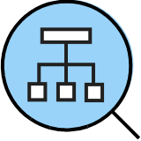 Tree diagram under a blue magnifying glass icon