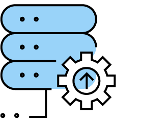 Three stacked servers behind an arrow inside a cogwheel icon