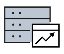 Grey servers in front of screen with rising line icon